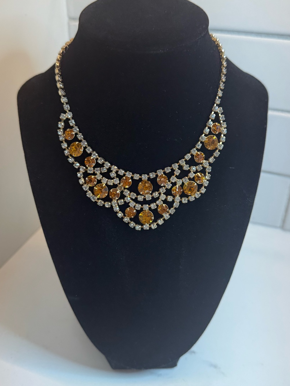 Vintage Amber Rhinestone Statement Bib Necklace | 100+ Stones | 1950s Glam